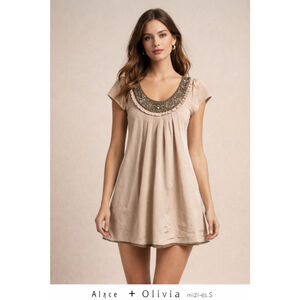 Alice + Olivia Silk Beaded Scoop Neck Mini Dress Size Small Champagne